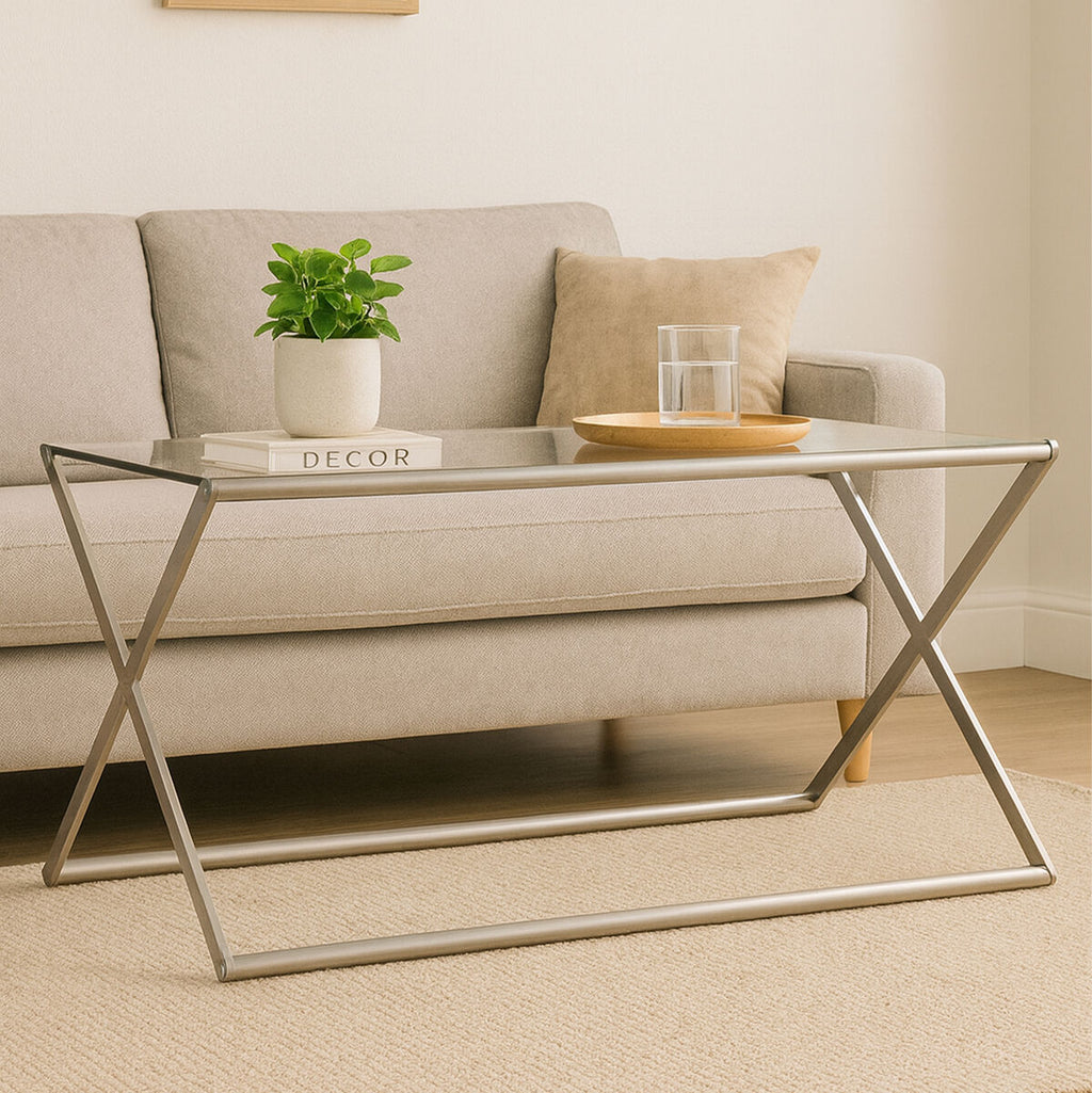 Clear Glass and Nickel Finish Coffee Table