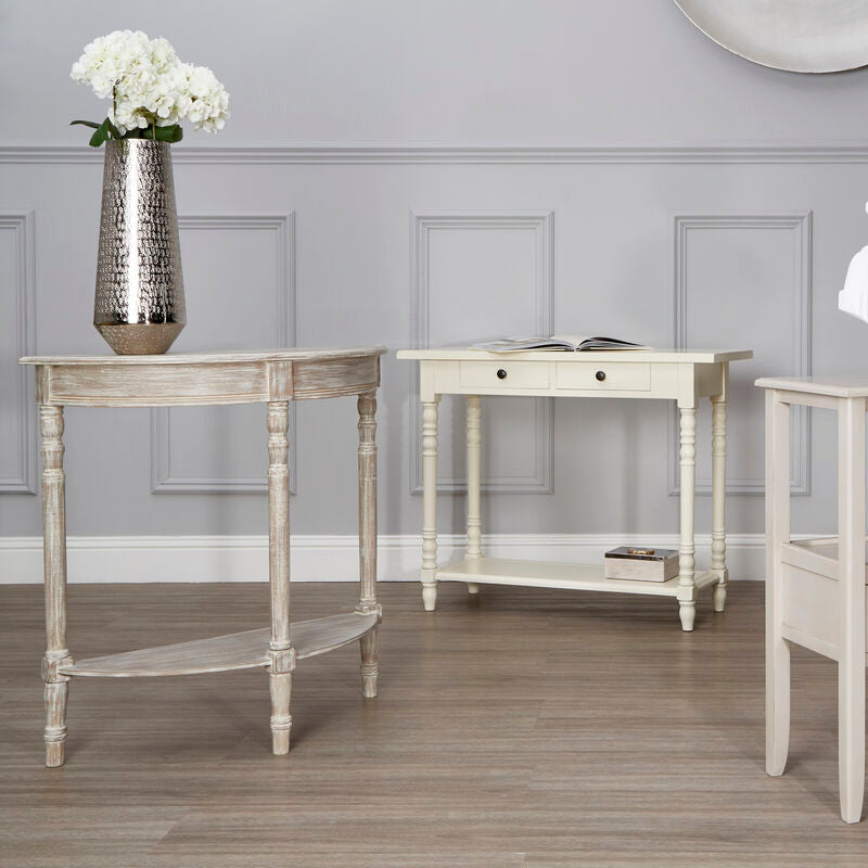 Natural Wooden Half Moon Console Table with Lower Shelf