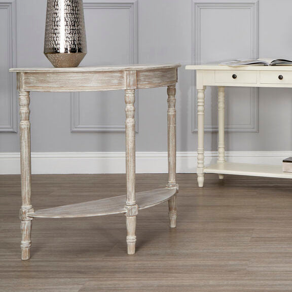 Natural Wooden Half Moon Console Table with Lower Shelf