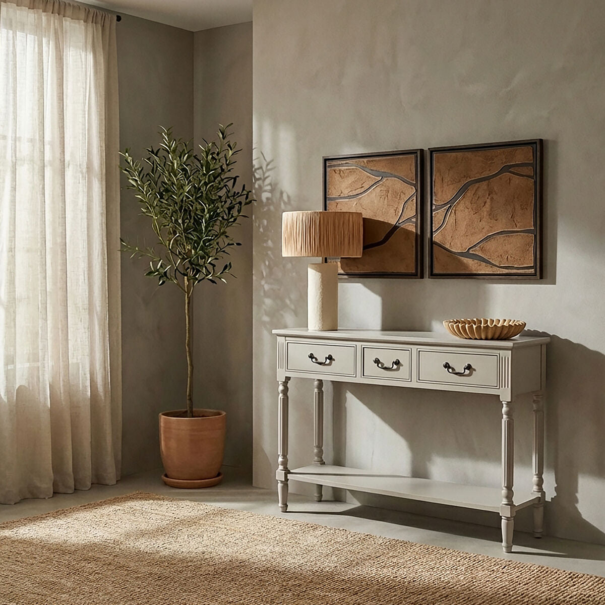 Grey Putty Wooden 3 Drawer Console Table with Lower Shelf