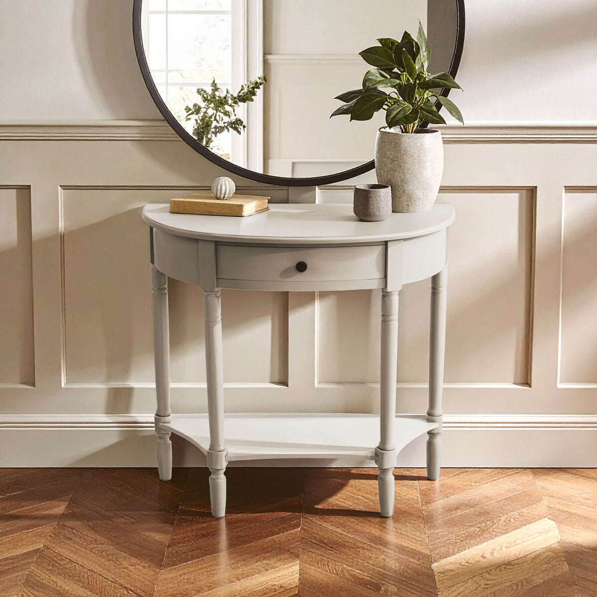 Grey Putty Wooden Half Moon 1 Drawer Console Table with Lower Shelf