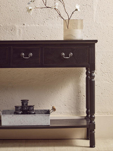 Vintage Black Wooden 3 Drawer Console Table with Lower Shelf