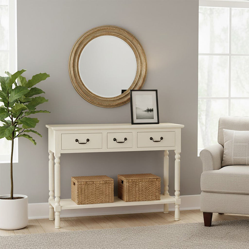 Ivory Wooden 3 Drawer Console Table with Lower Shelf