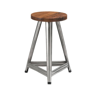 Natural Wooden Large Stool with Antique Silver Finish Base