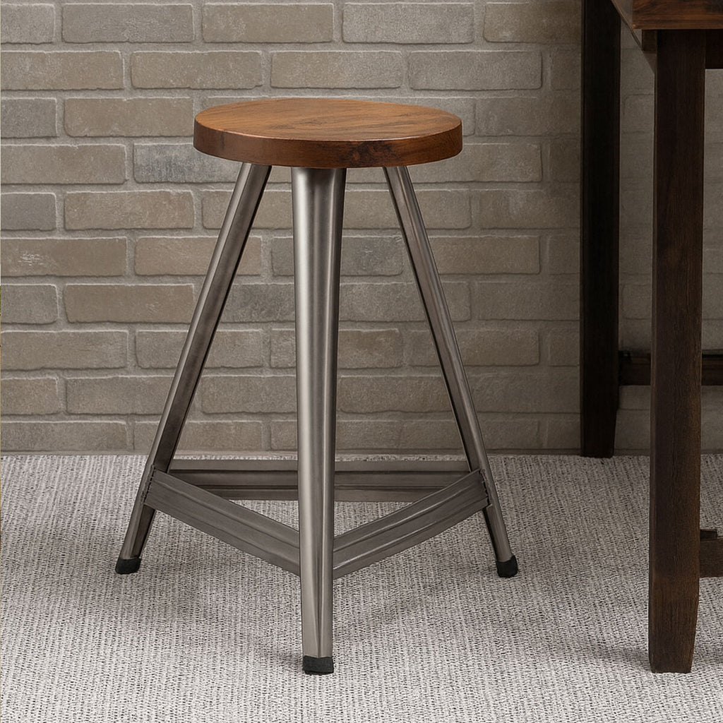 Natural Wooden Large Stool with Antique Silver Finish Base