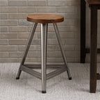 Natural Wooden Large Stool with Antique Silver Finish Base