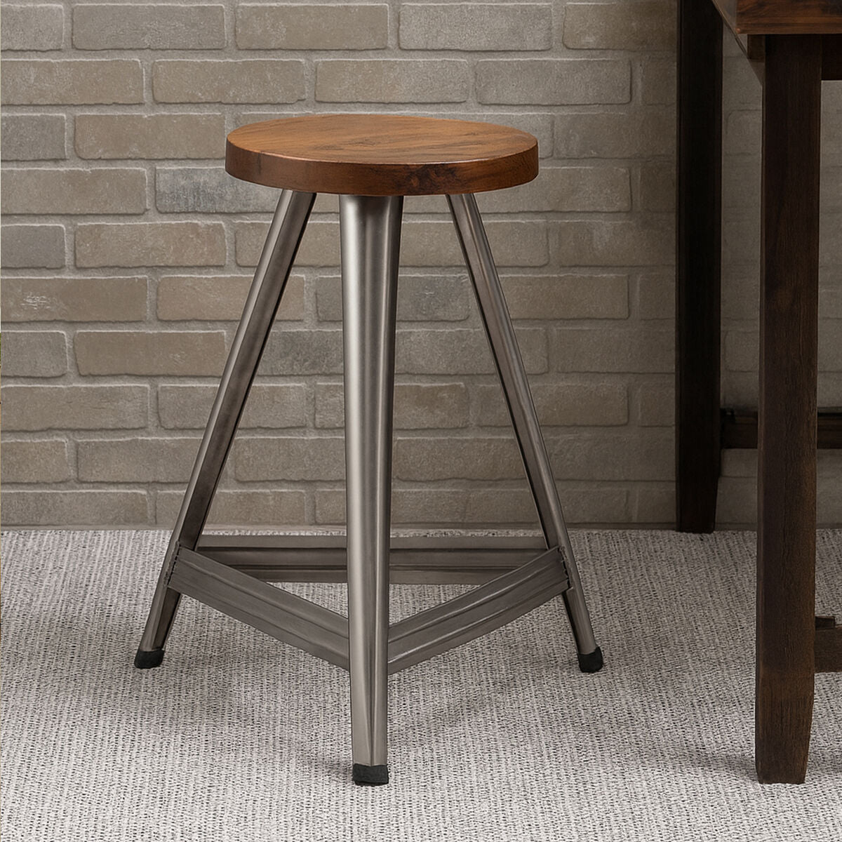 Natural Wooden Large Stool with Antique Silver Finish Base