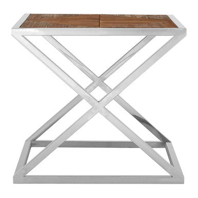 Natural Wood Veneer and Silver Finish Side Table