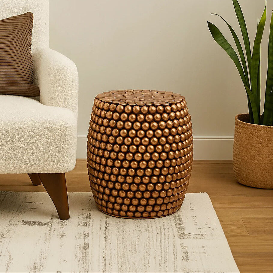 Copper Finish Beaded Barrel Design Stool
