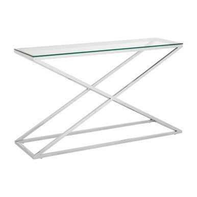Clear Glass and Silver Finish Criss Cross Console Table