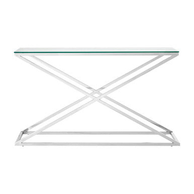 Clear Glass and Silver Finish Criss Cross Console Table