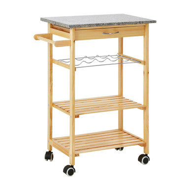 Natural Pine Wood Kitchen Trolley with Granite Top