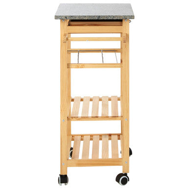 Natural Pine Wood Kitchen Trolley with Granite Top