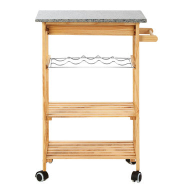 Natural Pine Wood Kitchen Trolley with Granite Top