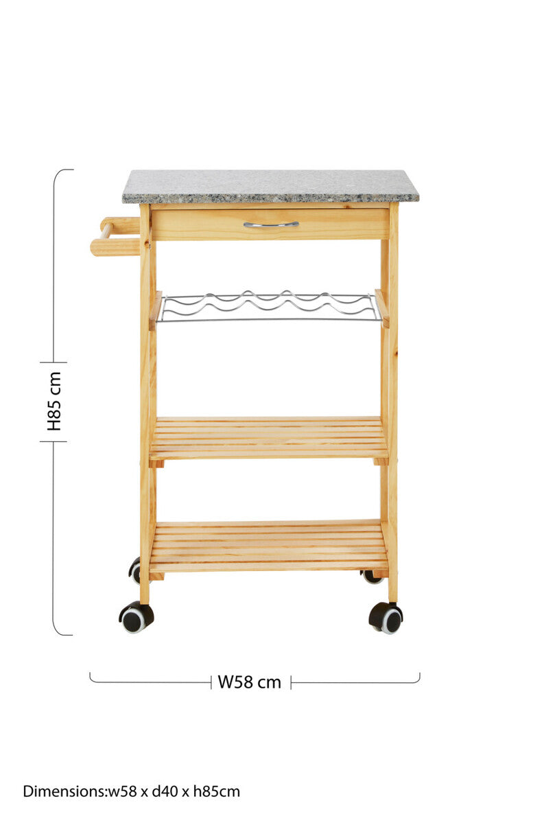 Natural Pine Wood Kitchen Trolley with Granite Top