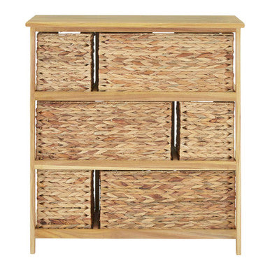 Natural Wooden Storage Unit with 6 Water Hyacinth Drawers