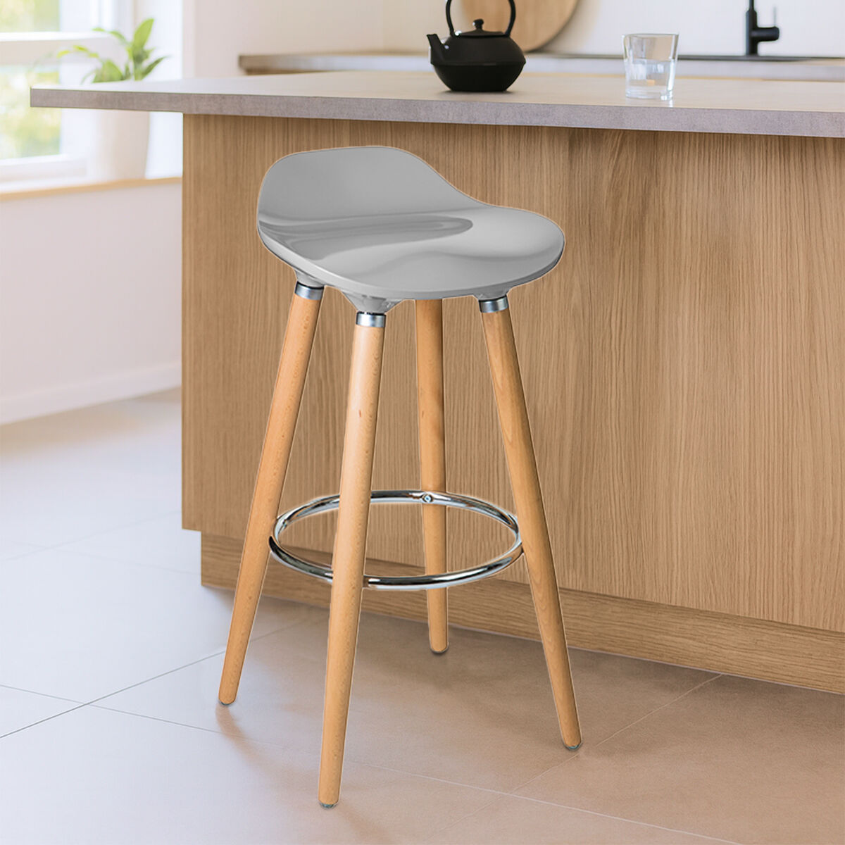 Taupe Bar Stool with Wooden Legs