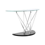 Tempered Glass Top Half Moon Console Table with Cross Chrome Metal Legs and Black Wooden Base