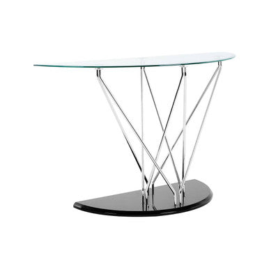 Tempered Glass Top Half Moon Console Table with Cross Chrome Metal Legs and Black Wooden Base