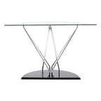 Tempered Glass Top Half Moon Console Table with Cross Chrome Metal Legs and Black Wooden Base