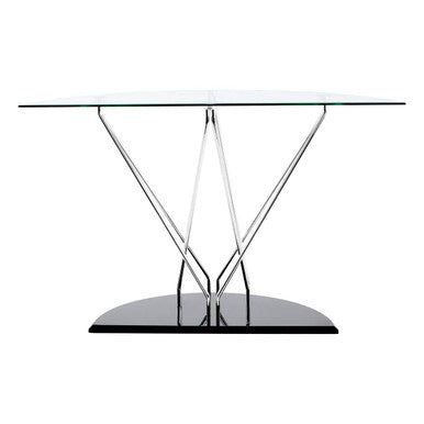 Tempered Glass Top Half Moon Console Table with Cross Chrome Metal Legs and Black Wooden Base