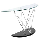 Tempered Glass Top Half Moon Console Table with Cross Chrome Metal Legs and Black Wooden Base