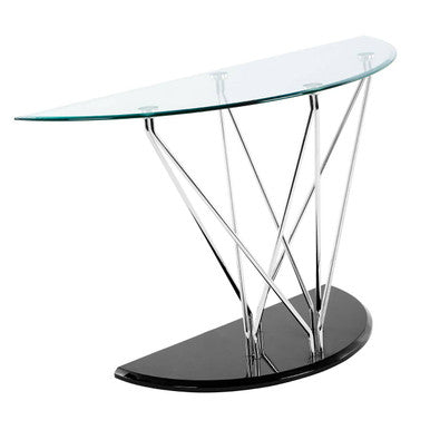 Tempered Glass Top Half Moon Console Table with Cross Chrome Metal Legs and Black Wooden Base