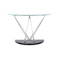 Tempered Glass Top Half Moon Console Table with Cross Chrome Metal Legs and Black Wooden Base