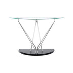 Tempered Glass Top Half Moon Console Table with Cross Chrome Metal Legs and Black Wooden Base