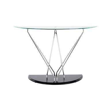 Tempered Glass Top Half Moon Console Table with Cross Chrome Metal Legs and Black Wooden Base