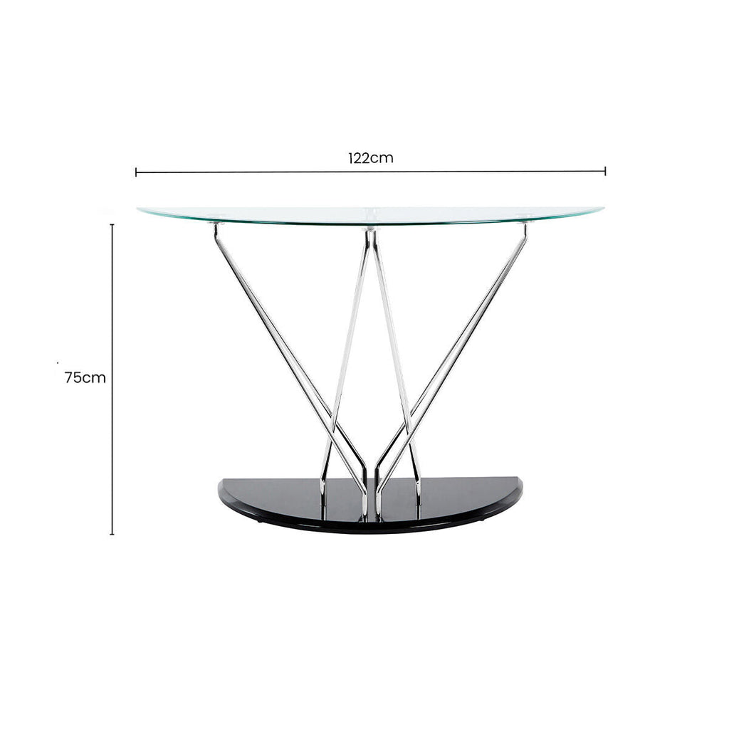 Tempered Glass Top Half Moon Console Table with Cross Chrome Metal Legs and Black Wooden Base