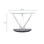 Tempered Glass Top Half Moon Console Table with Cross Chrome Metal Legs and Black Wooden Base