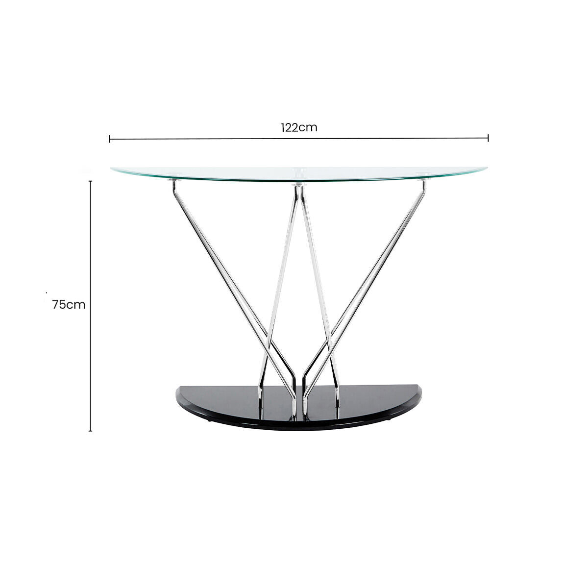Tempered Glass Top Half Moon Console Table with Cross Chrome Metal Legs and Black Wooden Base