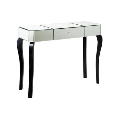 Mirrored Finish 1-Drawer Console Table with Bevelled Edge and Black Wooden Legs