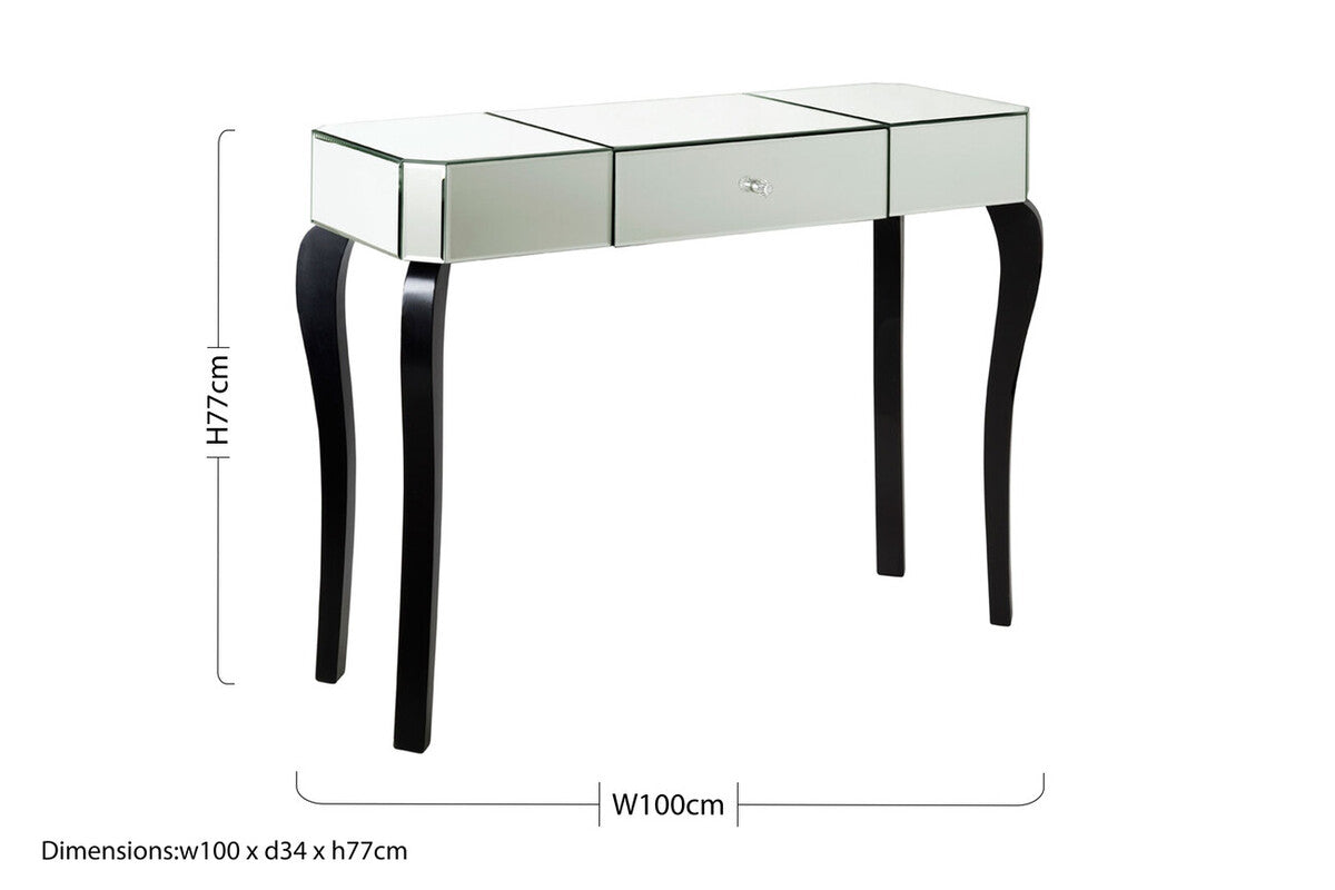 Mirrored Finish 1-Drawer Console Table with Bevelled Edge and Black Wooden Legs