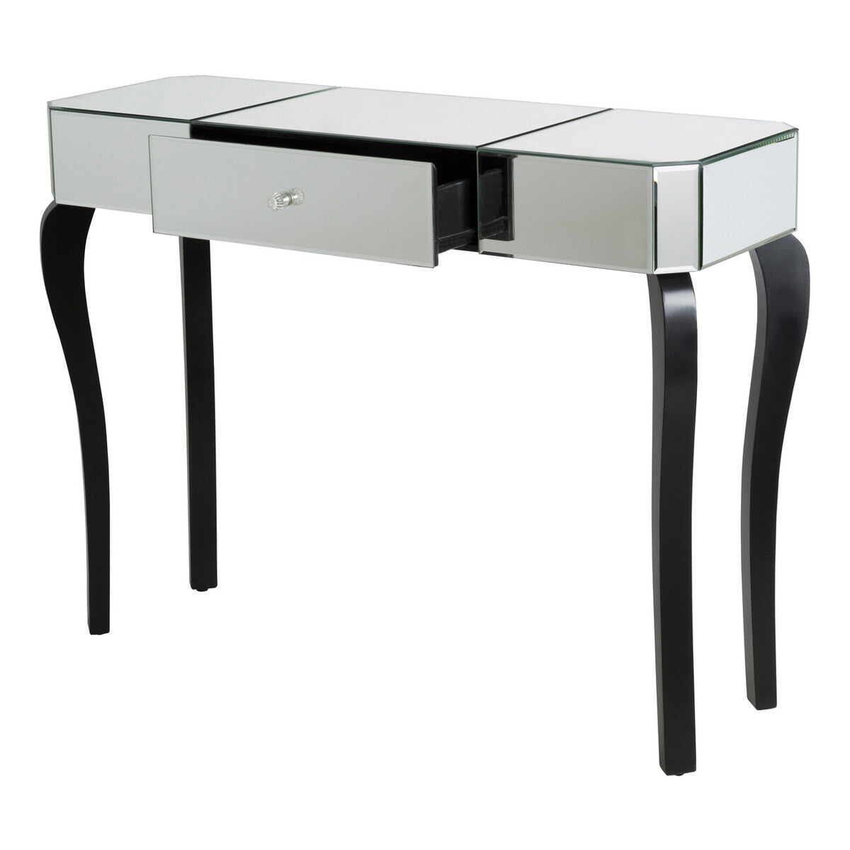Mirrored Finish 1-Drawer Console Table with Bevelled Edge and Black Wooden Legs