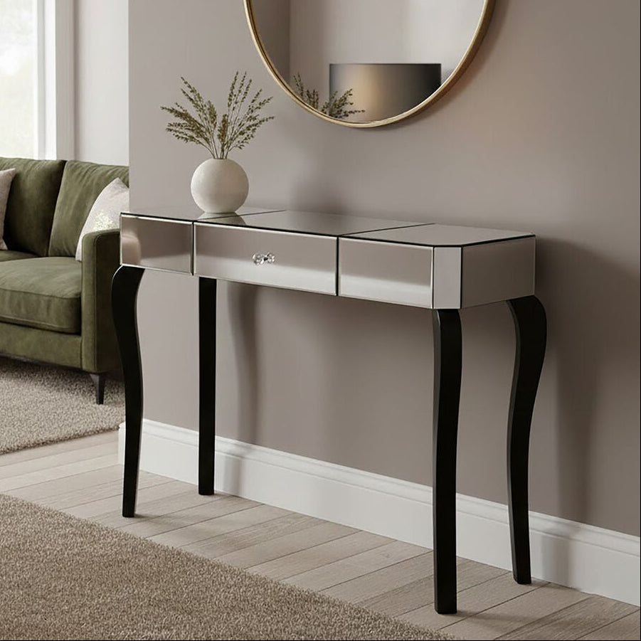 Mirrored Finish 1-Drawer Console Table with Bevelled Edge and Black Wooden Legs