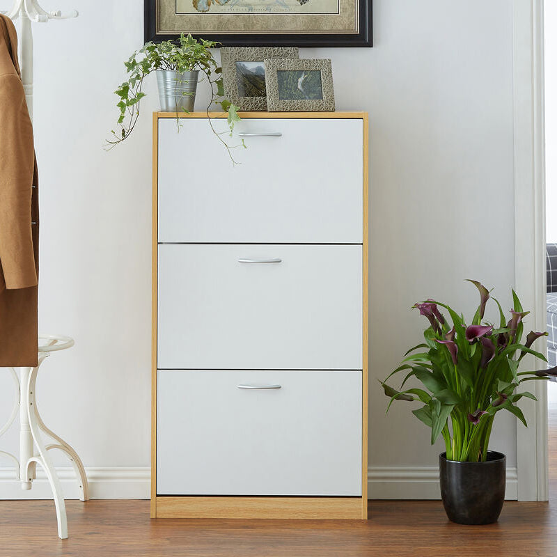 White and Oak Veneer 3 Drawer Shoe Cupboard