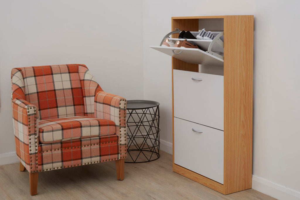 White and Oak Veneer 3 Drawer Shoe Cupboard