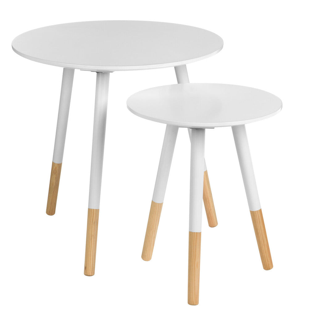 White Pine Wood Set of 2 Round Side Tables