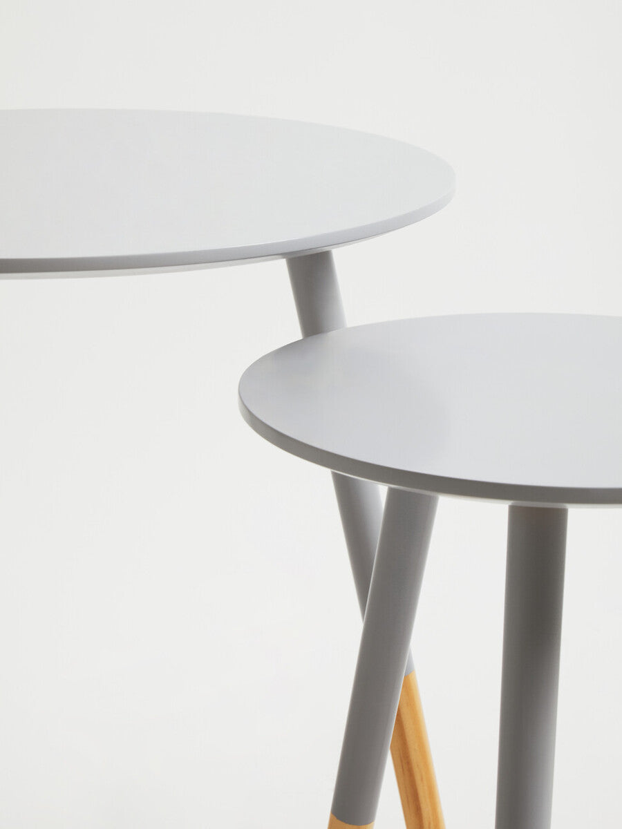 Grey Pine Wood Set of 2 Round Side Tables