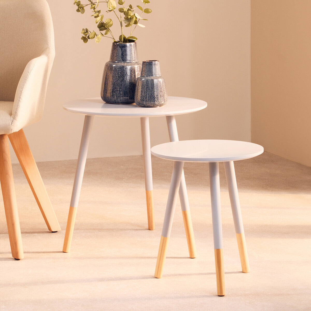 Grey Pine Wood Set of 2 Round Side Tables
