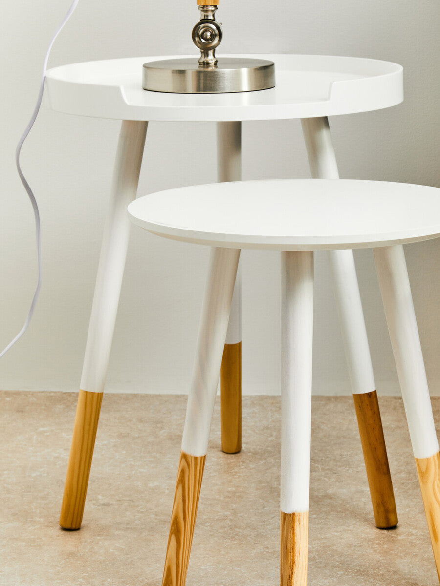 White and Natural Pine Wood Small Round Side Table