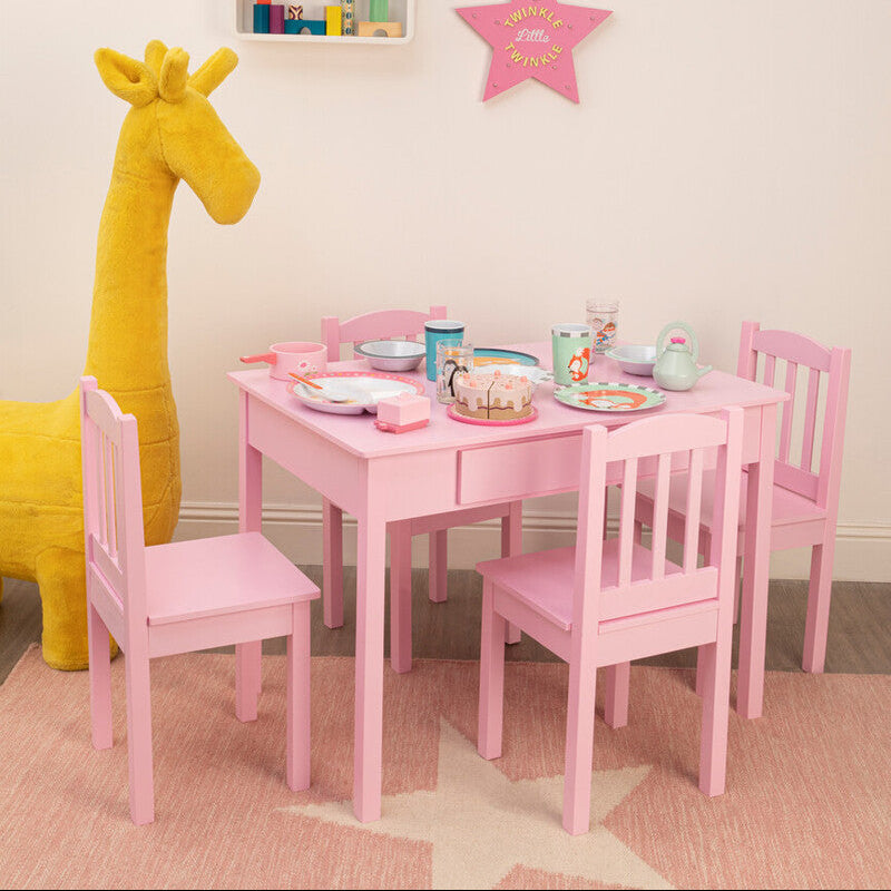 Pink Wooden Table and 4 Chairs Set