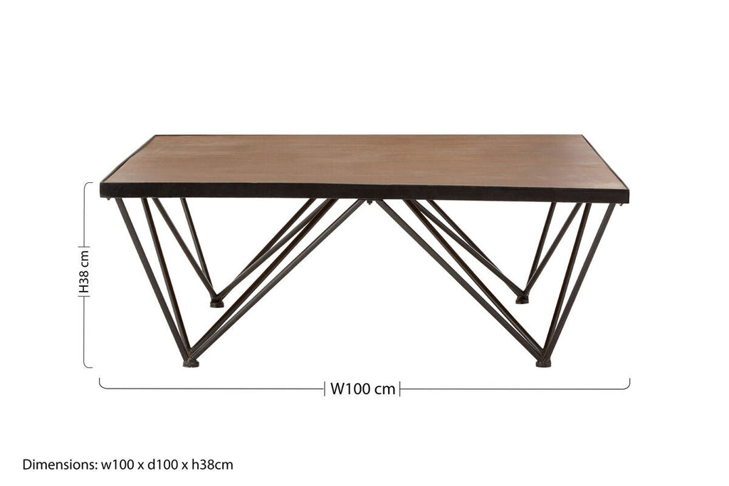 Natural Wood and Black Metal Square Coffee Table