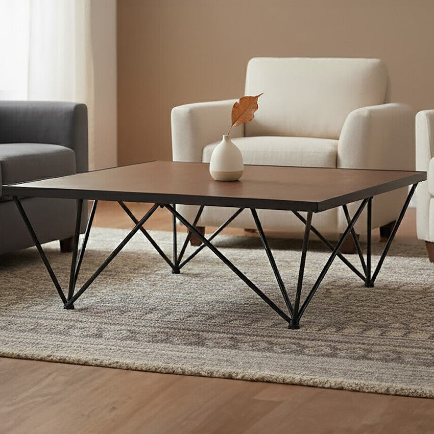 Natural Wood and Black Metal Square Coffee Table