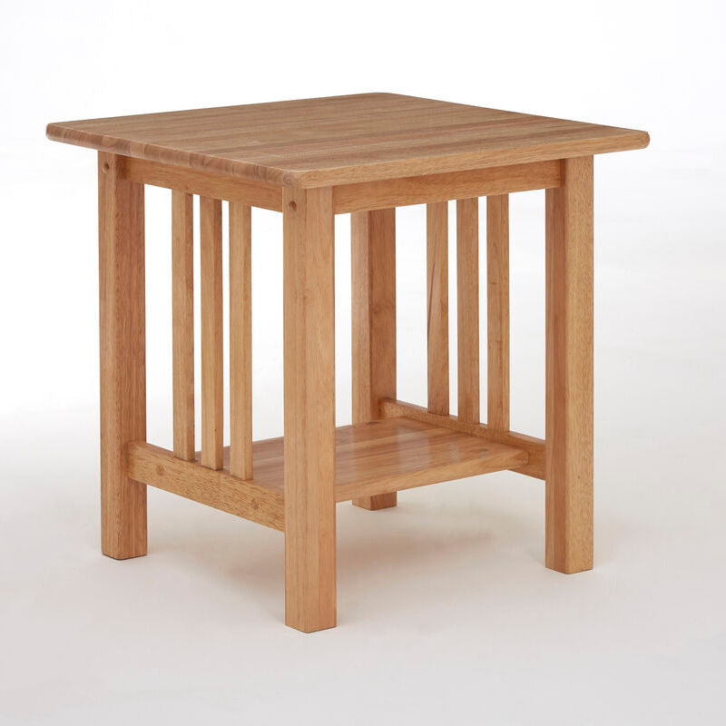 Natural Rubberwood Square Side Table with Lower Storage Shelf and Lattice Panel Sides