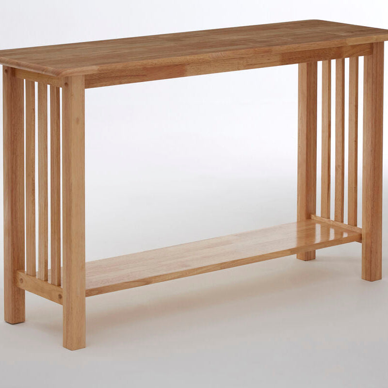 Natural Rubberwood Rectangular Console Table with Lower Storage Shelf and Lattice Panel Sides