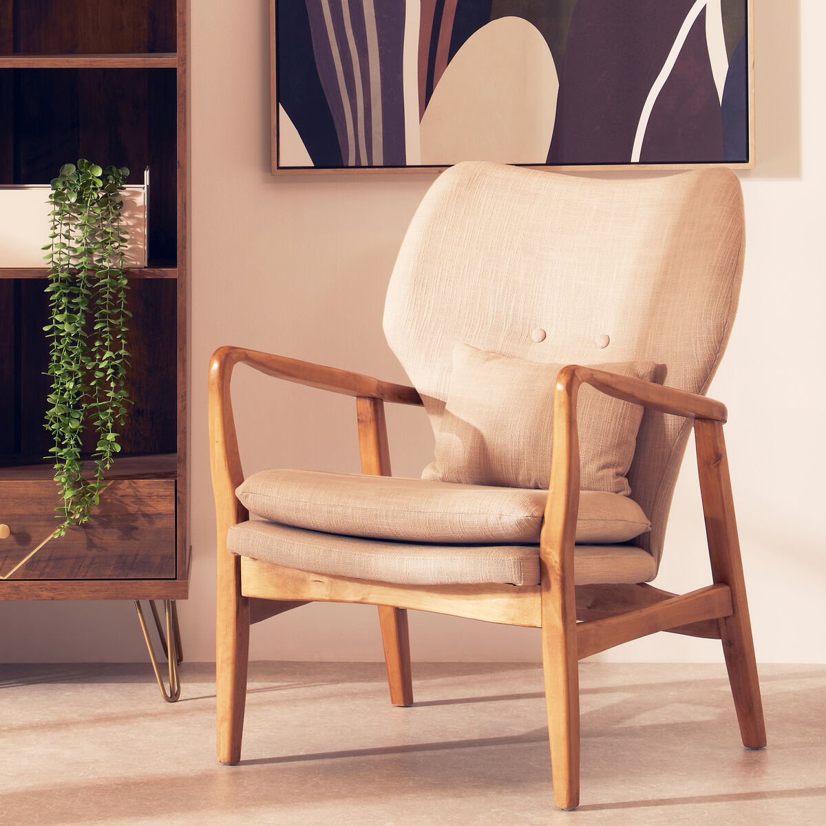 Beige Fabric Chair with Sustainable Birchwood Frame