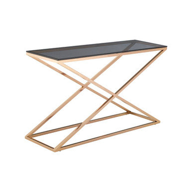 Smoked Glass and Gold Finish Criss Cross Console Table